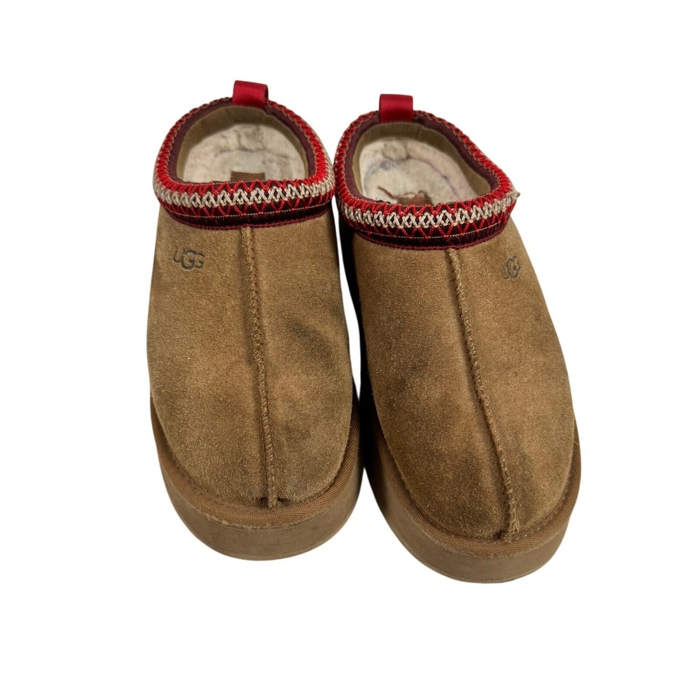 UGG Tazz Platform Suede Slippers Chestnut Red Braid Trim Womens 8